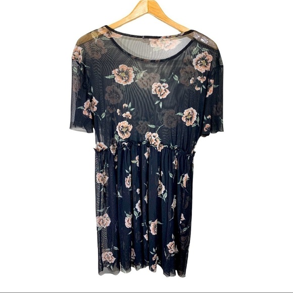 Be. You. tifull Black Mesh Midi Dress Women's Large Flower Prints Short Sleeves - Picture 4 of 8